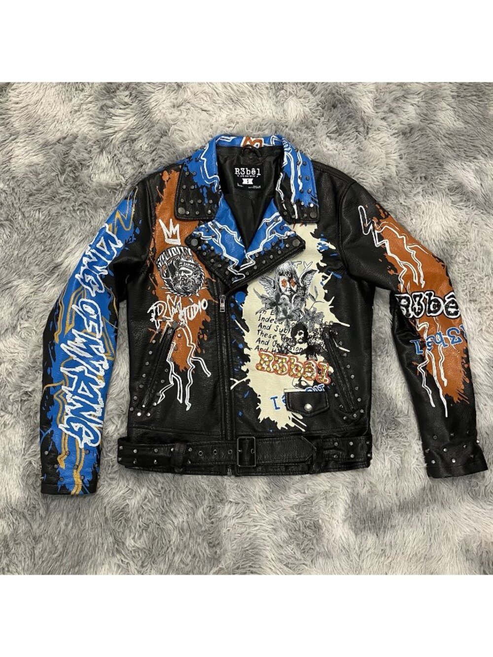 R3bêl Black Leather Jacket Studded Angel King Graphic Painted Size S - C41